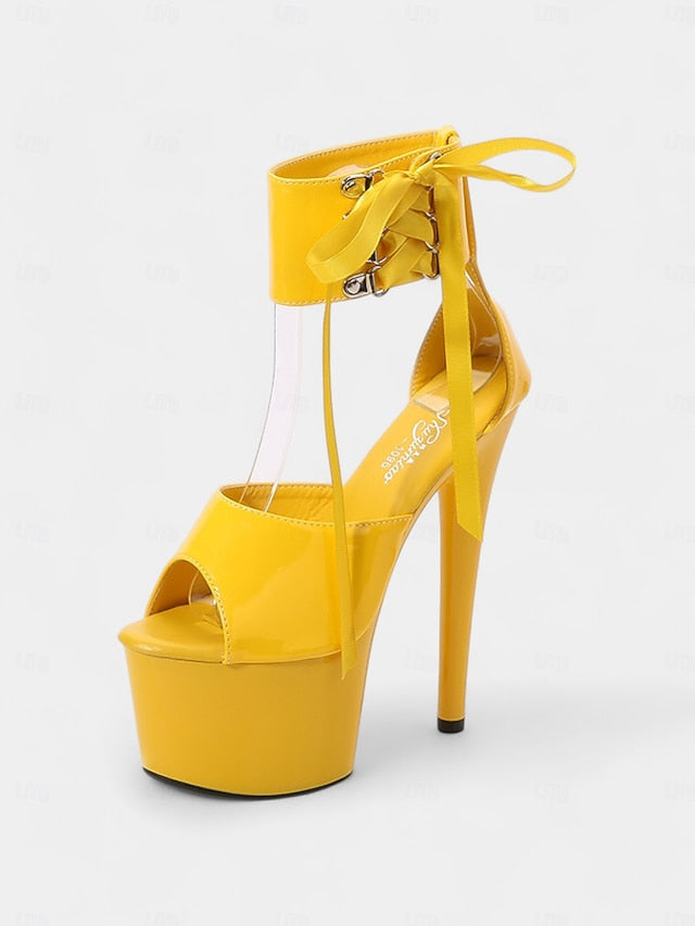 Lace-Up Sandals Ankle Straps Black with Leather Platform Patent FashionChic