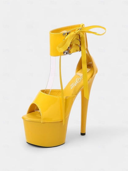 Lace-Up Sandals Ankle Straps Black with Leather Platform Patent FashionChic