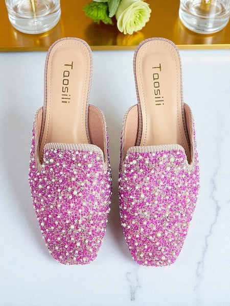 - and Women's Pink Pearl Mules Rhinestone Embellished FashionChic
