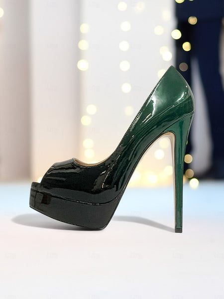High Platform Black Patent Heels Peep Toe Leather Women's FashionChic