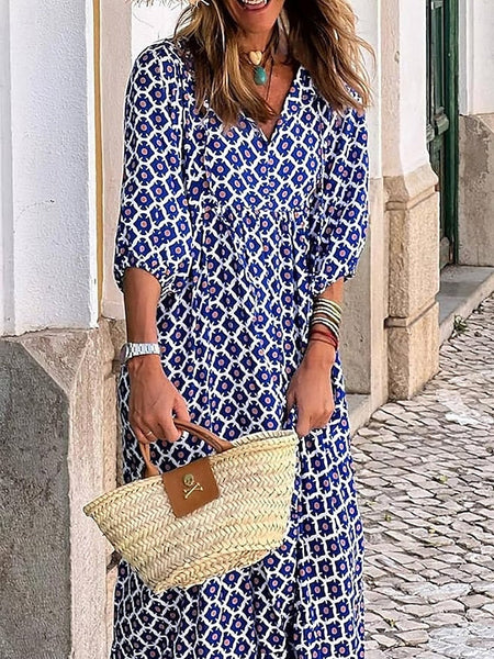 Women's Geometric Print V Neck Lantern Sleeve Maxi Dress FashionChic