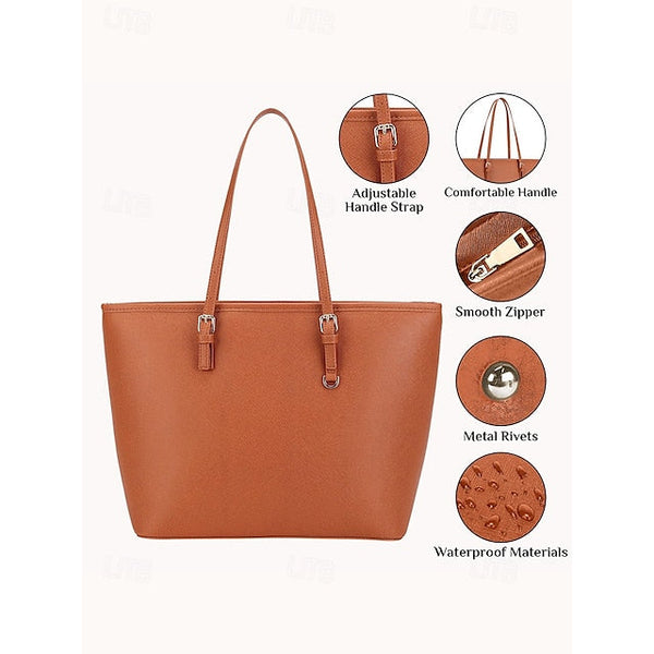 Faux Brown Leather Large Bag Classic Women's Tote - FashionChic