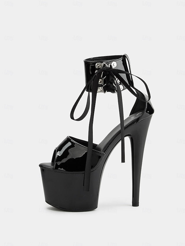 Lace-Up Sandals Ankle Straps Black with Leather Platform Patent FashionChic