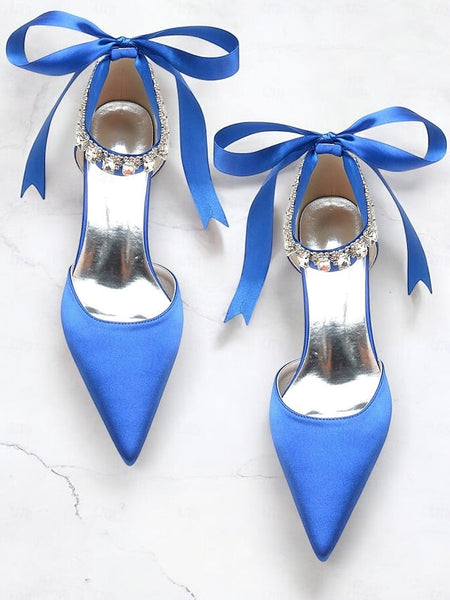 Ankle Blue Pointed-Kitten Strap Heels Satin and with Rhinestone FashionChic
