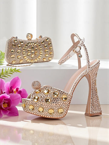 with Heel Women's Matching Rhinestone Platform Sandals High FashionChic