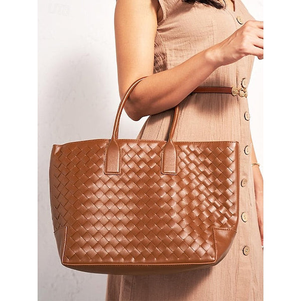 Woven Leather and – Brown Tote Women's Stylish Bag FashionChic