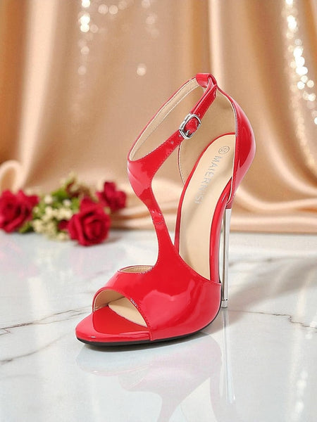 Women's Strappy Red Open Stiletto Heels Leather - Patent FashionChic