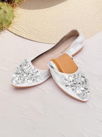 Rhinestone Flats Women's Foldable with Silver FashionChic