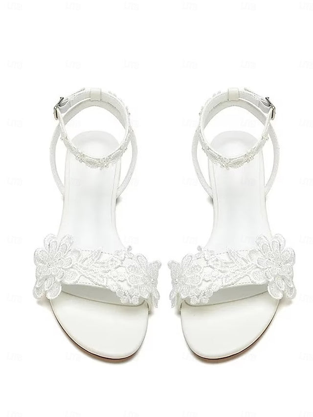 Block Flats Straps Ankle Sandals with Open-Toe Floral White Lace FashionChic