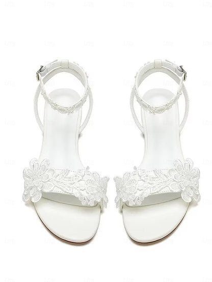 Block Flats Straps Ankle Sandals with Open-Toe Floral White Lace FashionChic
