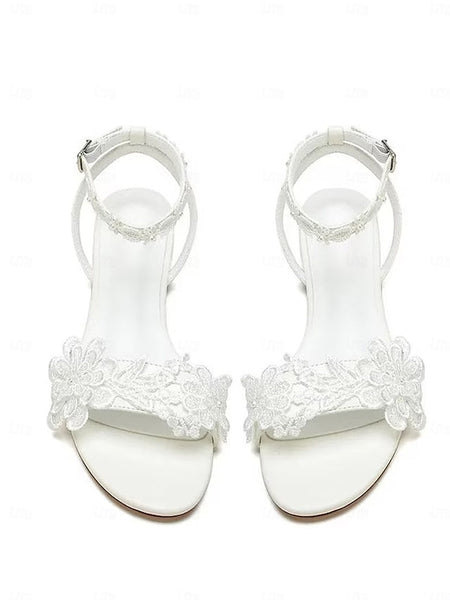 Ankle Block White Straps Lace with Floral Sandals Flats Open-Toe FashionChic