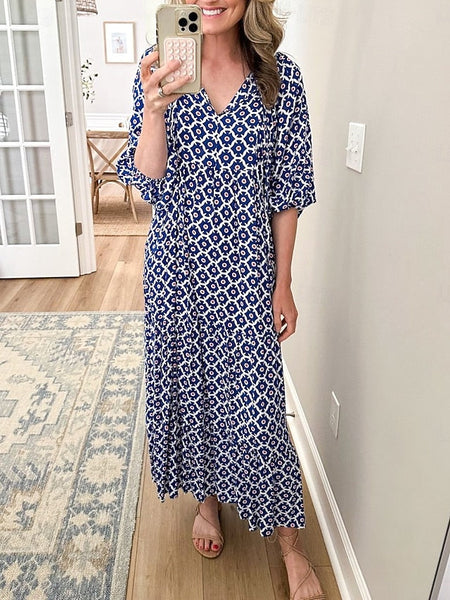 Women's Geometric Print V Neck Lantern Sleeve Maxi Dress FashionChic