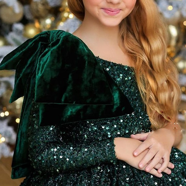Long Dress Sequins Wedding Party Sequin Girls' Sleeve Kids FashionChic