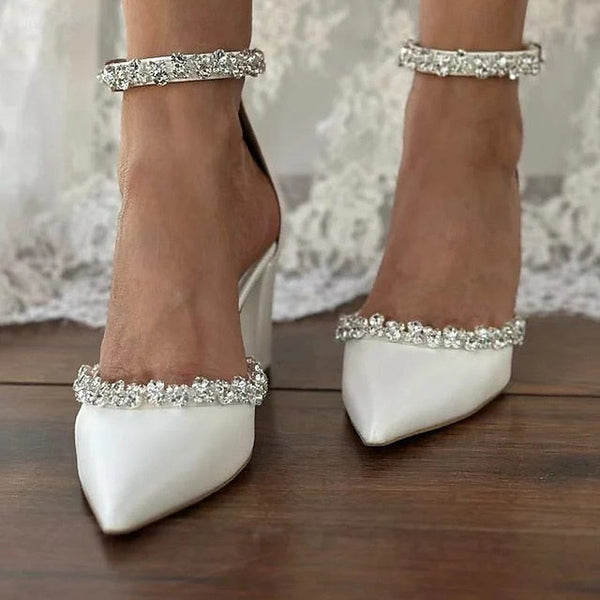 Toe Pointed – White Block Wedding Heel Shoes with Women's FashionChic