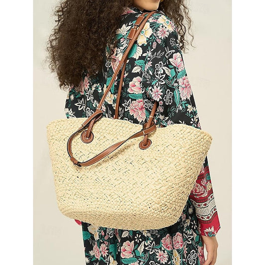 Tote Boho Leather Straps Women's Large Bag Chic Straw with FashionChic