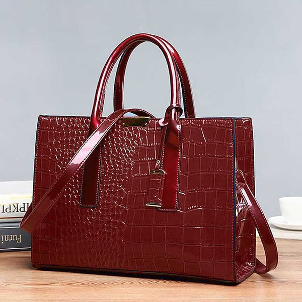 Women's Black Patent Crocodile Leather Pattern Handbag with FashionChic