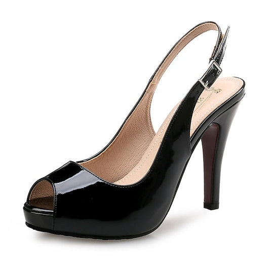 Heels Women's Black Slingback Leather Peep-Toe Patent High FashionChic