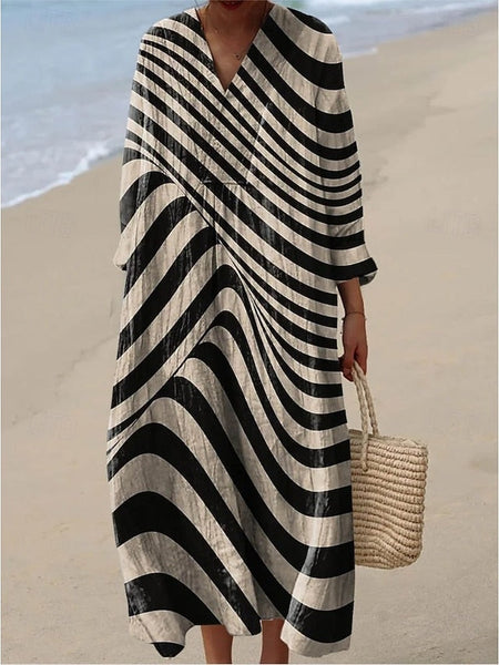 Women's Midi Dress V Neck Long Sleeve Kaftan Lightweight FashionChic