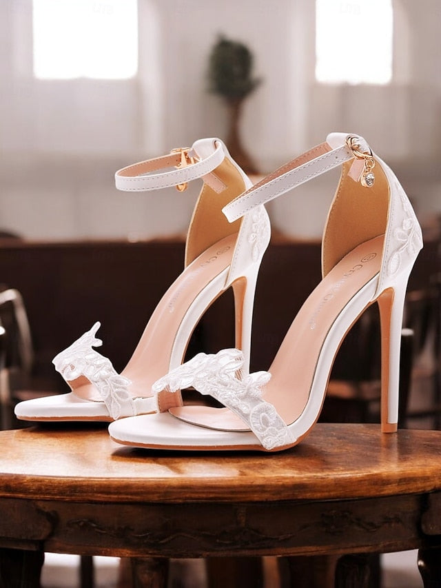 Women's Strap Lace Ankle White Heels Stiletto with Wedding FashionChic