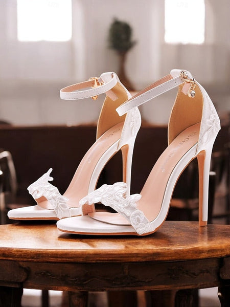 Women's Strap Lace Ankle White Heels Stiletto with Wedding FashionChic