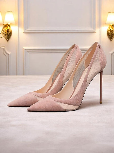 Detailing Suede Women's with Nude Toe Pumps Pointed Mesh FashionChic
