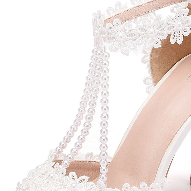 Wedding Shoes Heel Pointed High Women's Lace Bridal FashionChic