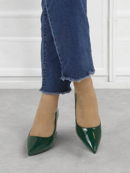 Pointed-Toe Glossy Patent Leather Heel Green Pumps Faux Block FashionChic