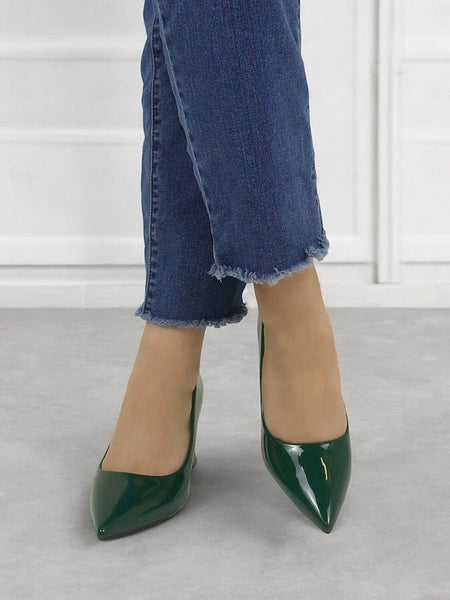 Pointed-Toe Glossy Patent Leather Heel Green Pumps Faux Block FashionChic