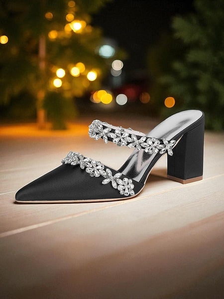 with Heel Mules Satin Floral Block Women's Black Rhinestone FashionChic