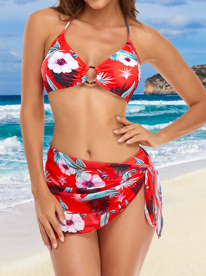 Vacation Plants Printing Scoop Neck Bikini three piece suit QAJ39