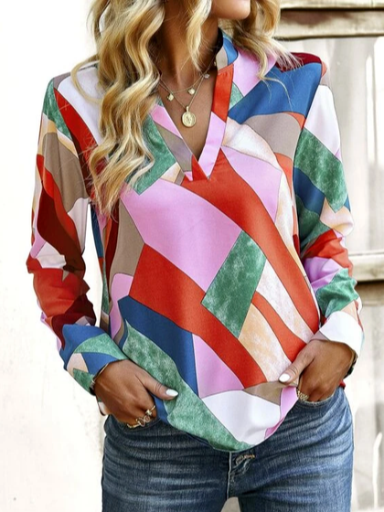 Color Block Cotton-Blend Casual Blouse OU52