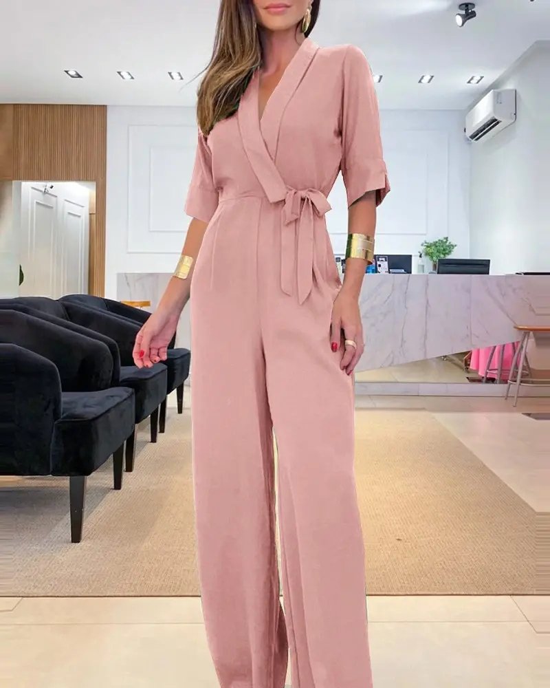 Elegant Loose Lapel Collar Half Sleeve Wide Leg Jumpsuit  QN83