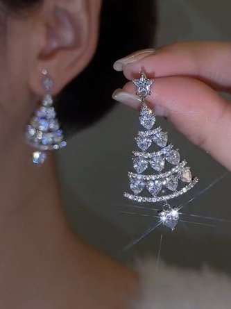Banquet Party Silver Diamond Heart Earrings Christmas Tree Pattern Jewelry QAG54