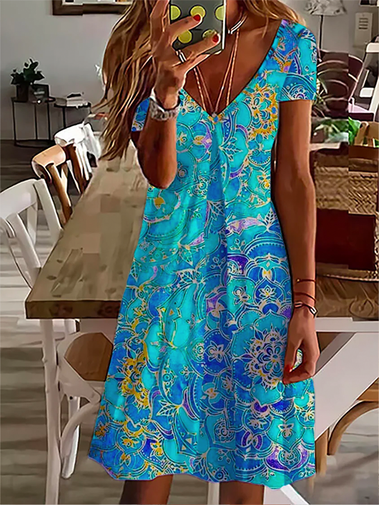 V Neck Casual Short Sleeve Printed Dress  QM78