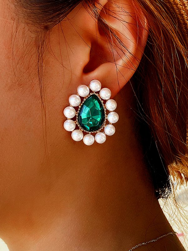 Urban Green Gem Pearl Earrings Daily Party Banquet Female Jewelry cc54