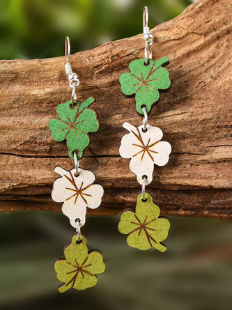 St. Patrick Green Four Leaf Clover Wooden Earrings Female Party Holiday Jewelry MMi59