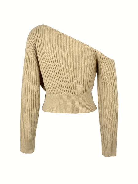 Ribbed Asymmetrical Neck Knit Crop Sweater FG9874 Furdela