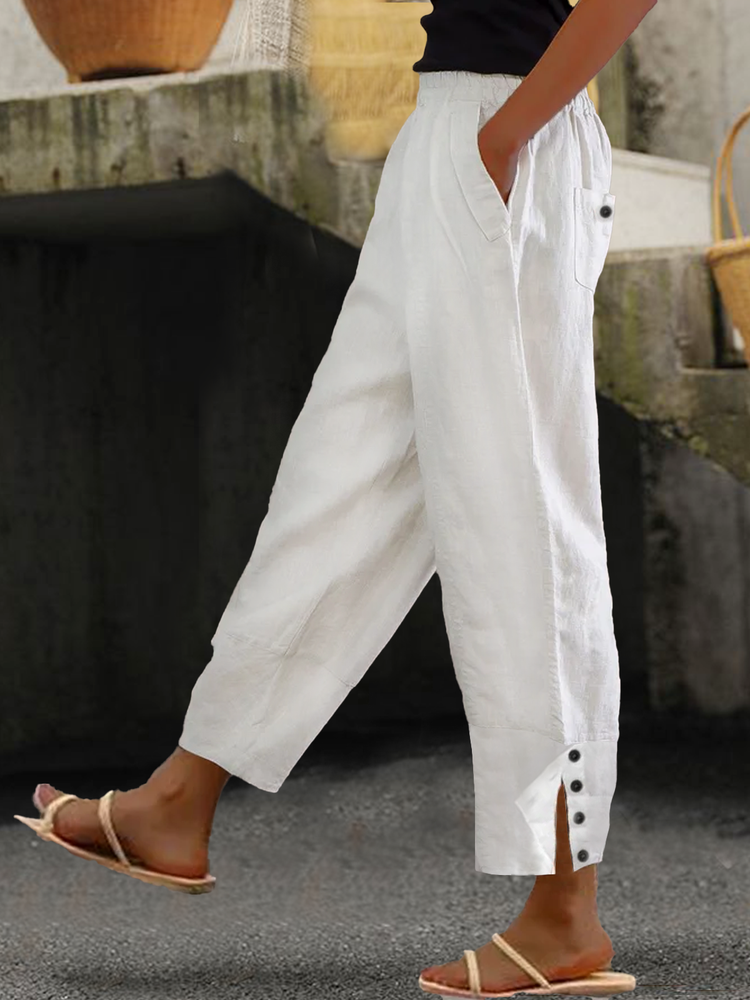 Loose Buttoned Cotton And Linen Linen Pants  QB111