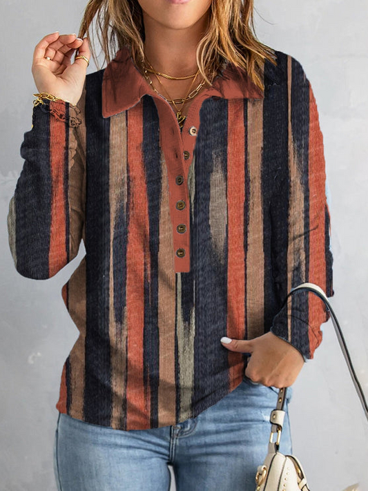 Striped Shawl Collar Loose Casual Top OY81