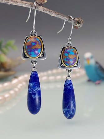 Retro Natural Blue Gemstone Drop Earrings Ethnic Style Casual Women's Jewelry QAG32