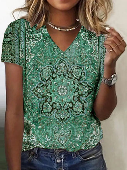 Women's Ethnic Casual V Neck Regular Fit T-Shirt AT1002