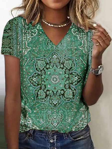 Women's Ethnic Casual V Neck Regular Fit T-Shirt AT1002