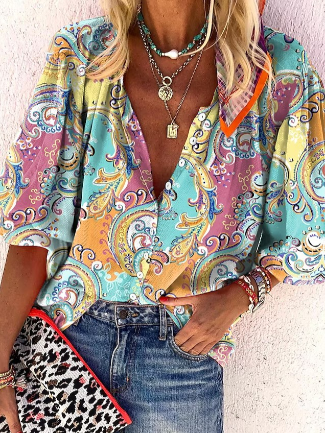 Floral Loose Casual V Neck Blouse  QR75