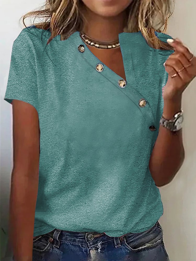 Asymmetrical Collar Buttoned Casual T-Shirt  cc148