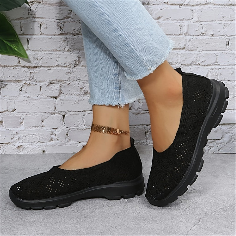 Women's Hollow Out Knit Sneakers, Comfy Round Toe Slip On Low Top Walking Sneakers, Casual Sports Shoes SE1026