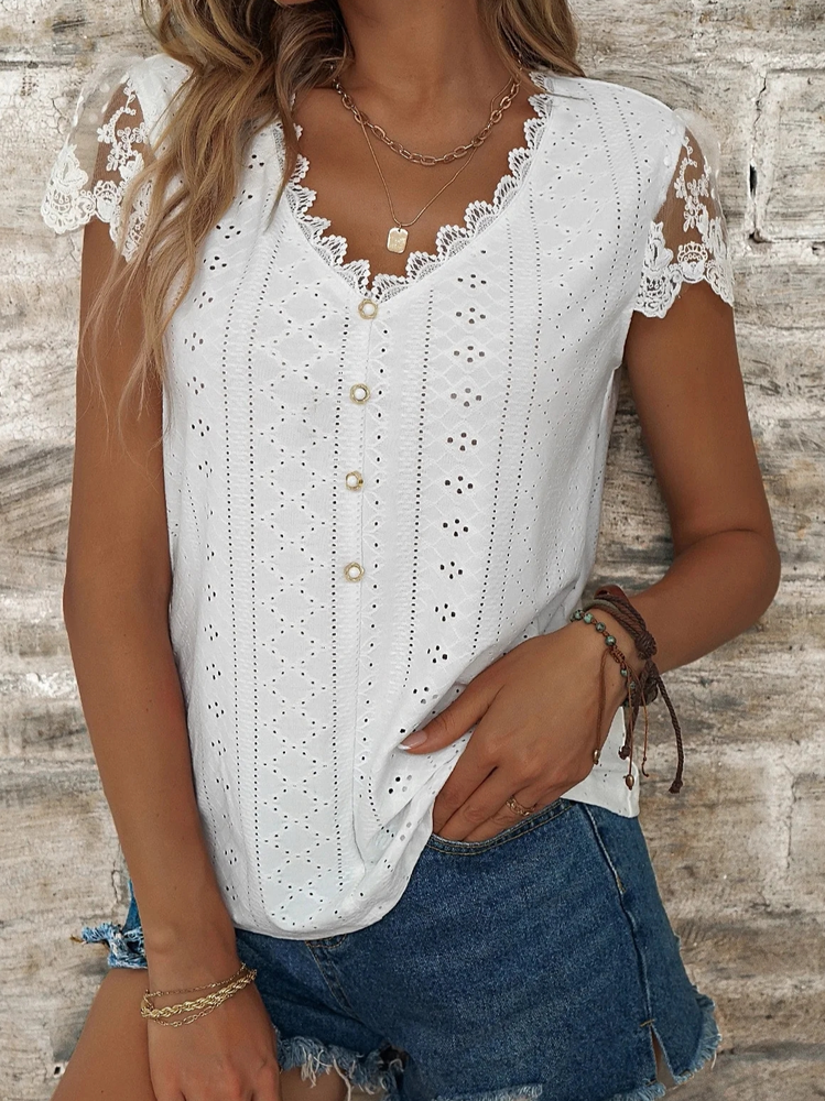 Women&#x27;s Eyelet Tops Plain Hollow Out Tops Casual V Neck Linen Lace Breathable T-Shirt Buttoned White Casual T-Shirt  cc202