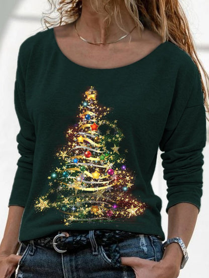 JFN Women Crew Neck Casual Shining Christmas Tree Top PJ13 - Furdela