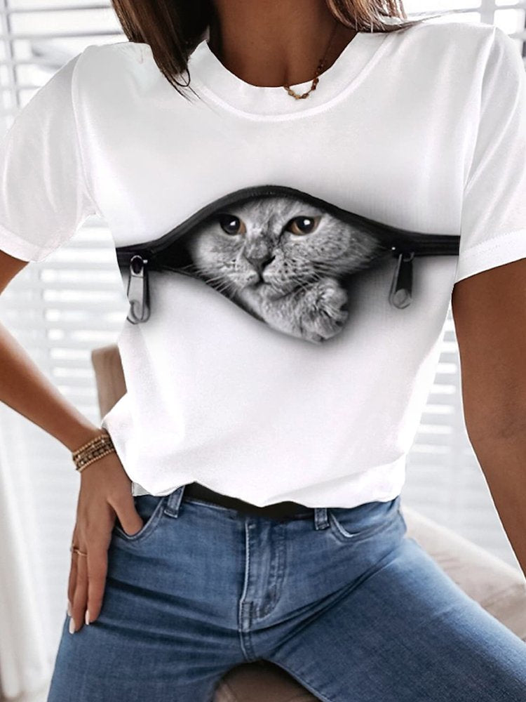 Jersey Casual Cat Loose Crew Neck T-Shirt  QH65