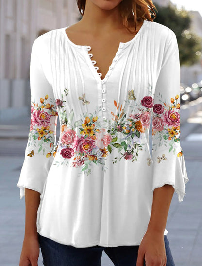 Women T-Shirt Floral Tunic V Neck Regular Fit Casual ap3