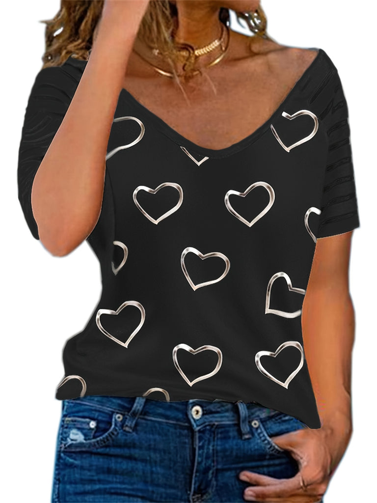 Heart Print Striped T-Shirt, Crew Neck Short Sleeve T-Shirt, Casual Every Day Tops, Women's Clothing RA1012